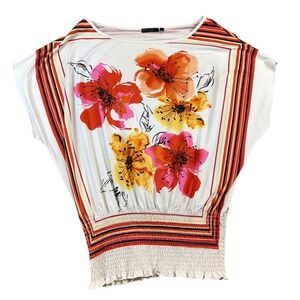 FYLO Womens Floral Striped Smocked Waist Boat Neck Blouse Top Cream Large